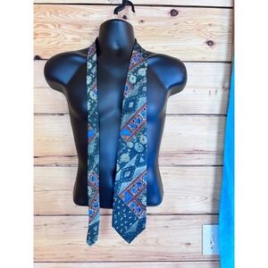 Joseph Abbey Montreal Mens Silk Tie Geometric Abstract Olive Green Blue Vintage